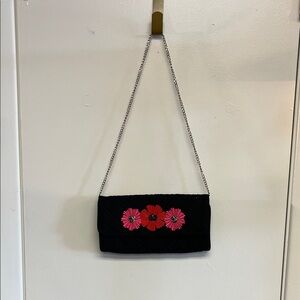 Women's Vera Bradley Black Chain Shoulder Bag with Pink & Red Floral Embroidery